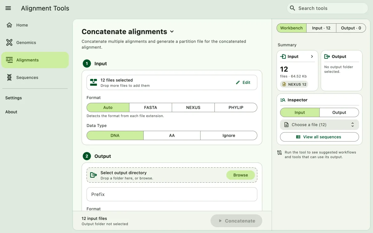 SEGUI Concatenate alignments page on a desktop with the tool form and file panel