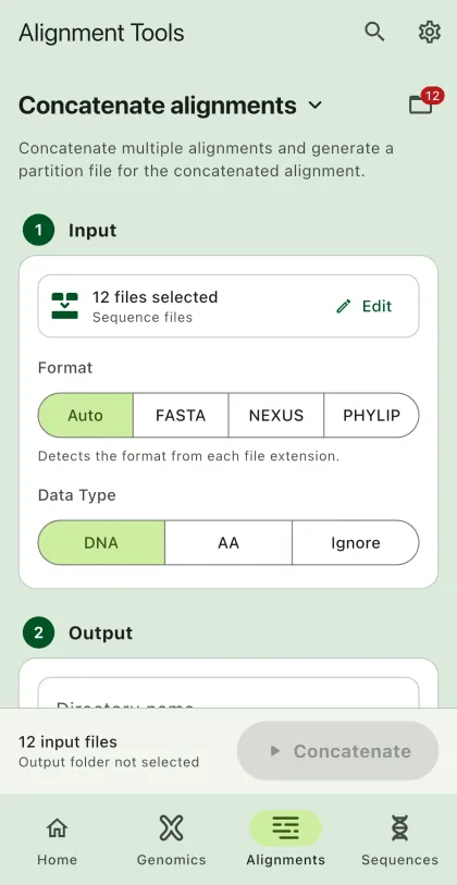 SEGUI Concatenate alignments page on a phone with the tool form