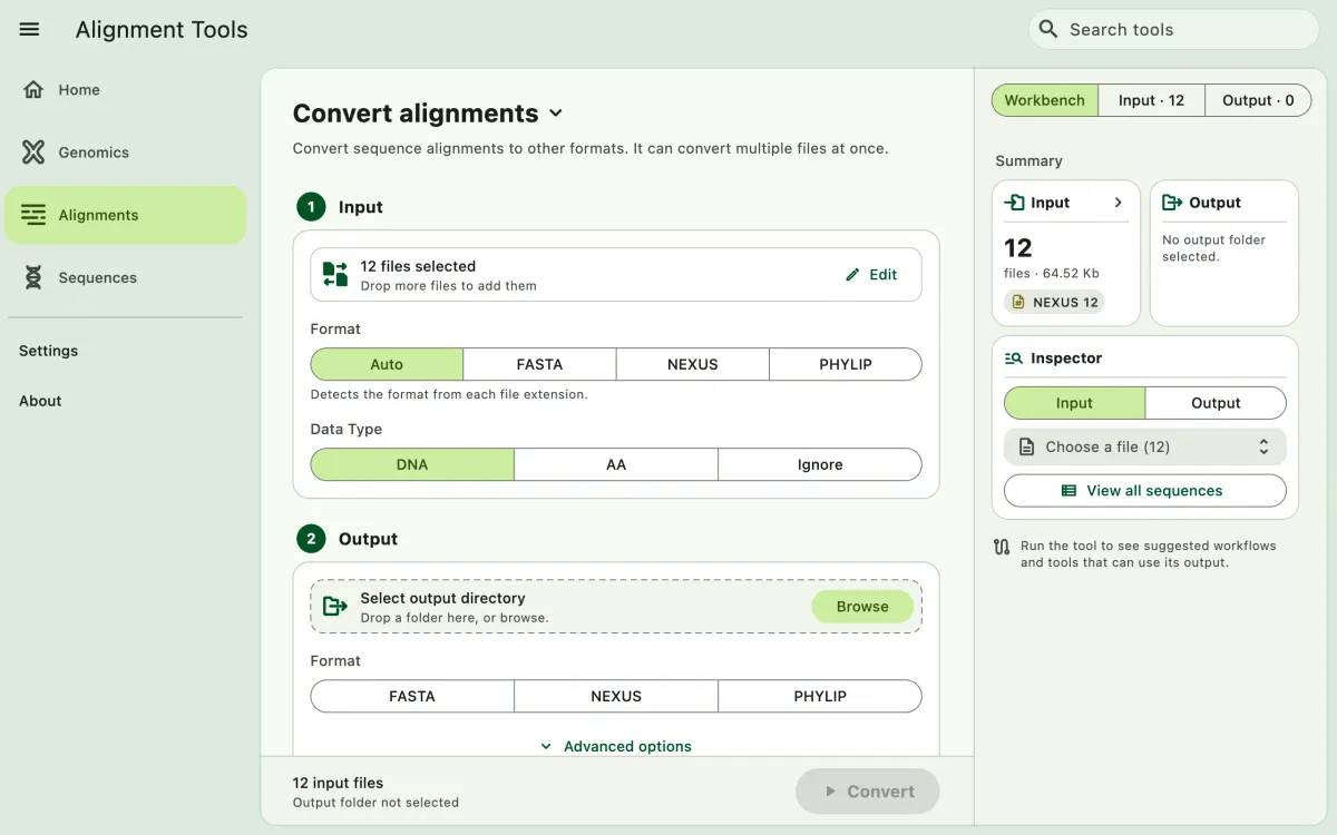 SEGUI Convert alignments page on a desktop with the tool form and file panel
