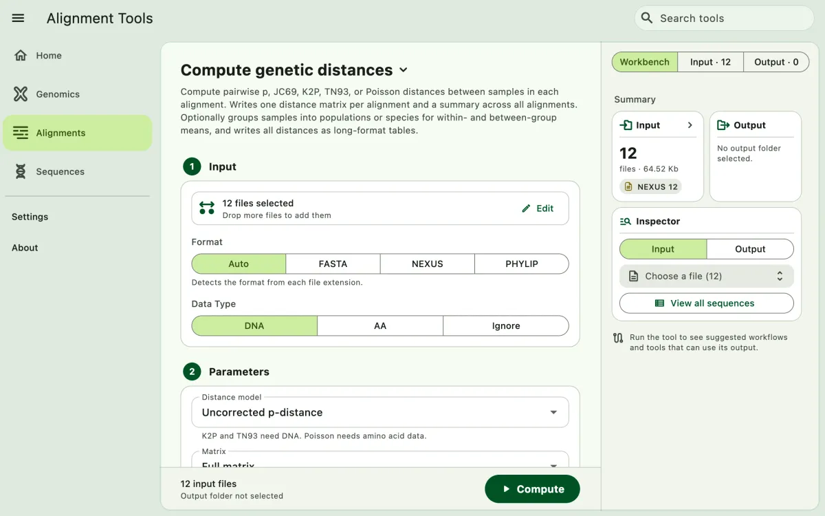 SEGUI Compute genetic distances page on a desktop with the tool form and file panel