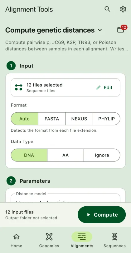 SEGUI Compute genetic distances page on a phone with the tool form