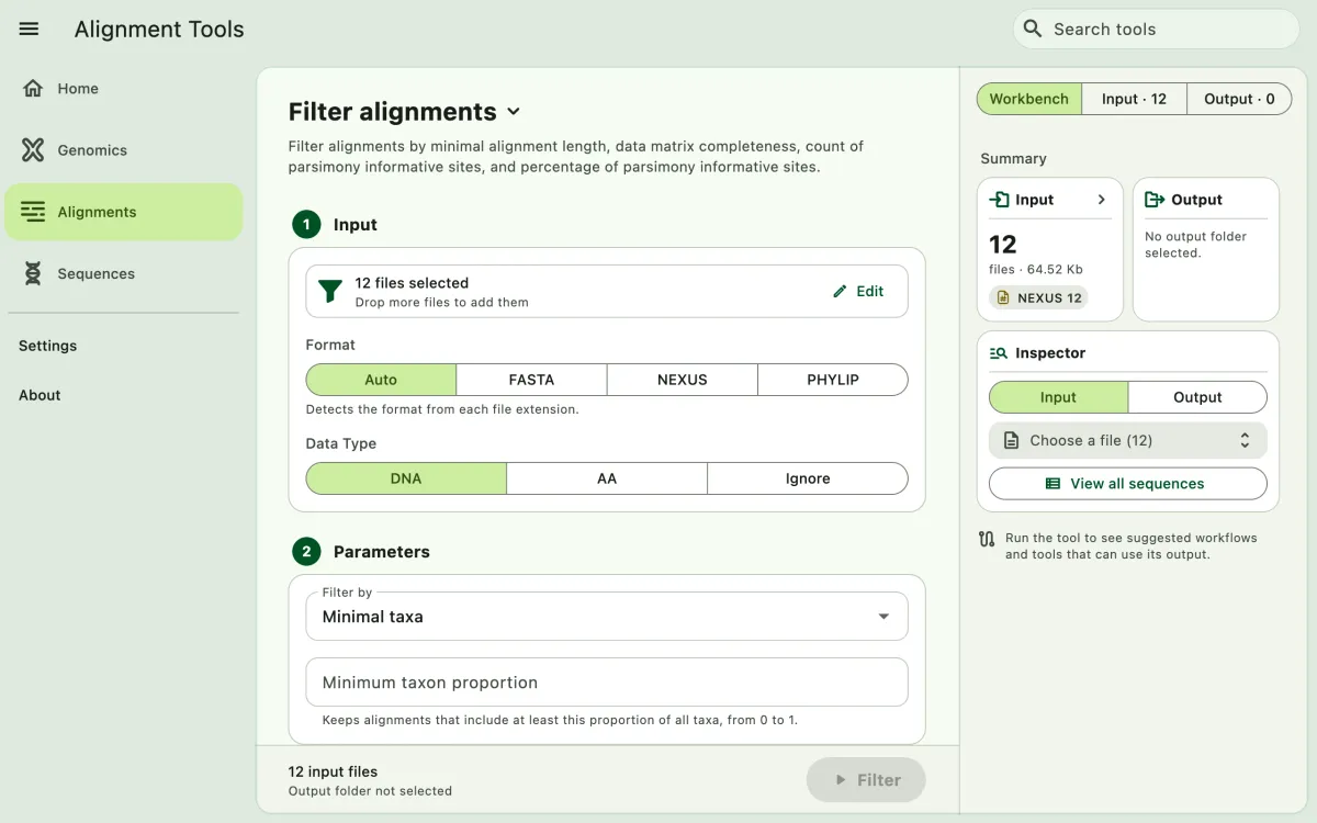SEGUI Filter alignments page on a desktop with the tool form and file panel