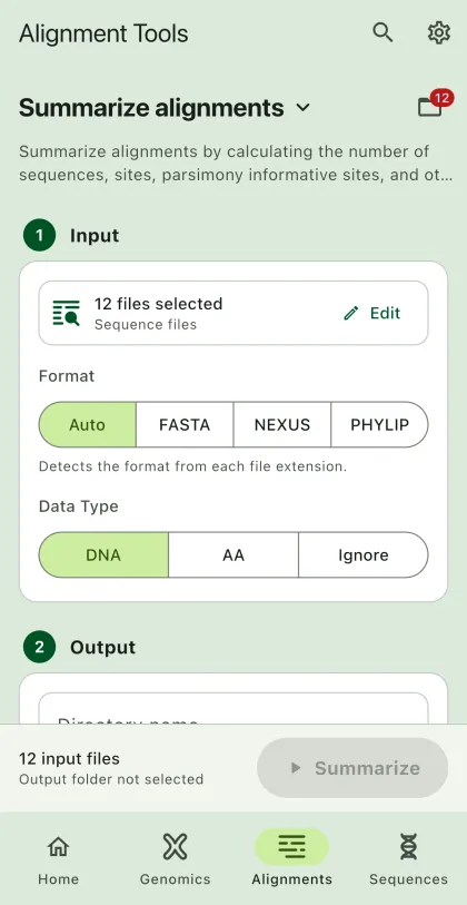 SEGUI Summarize alignments page on a phone with the tool form