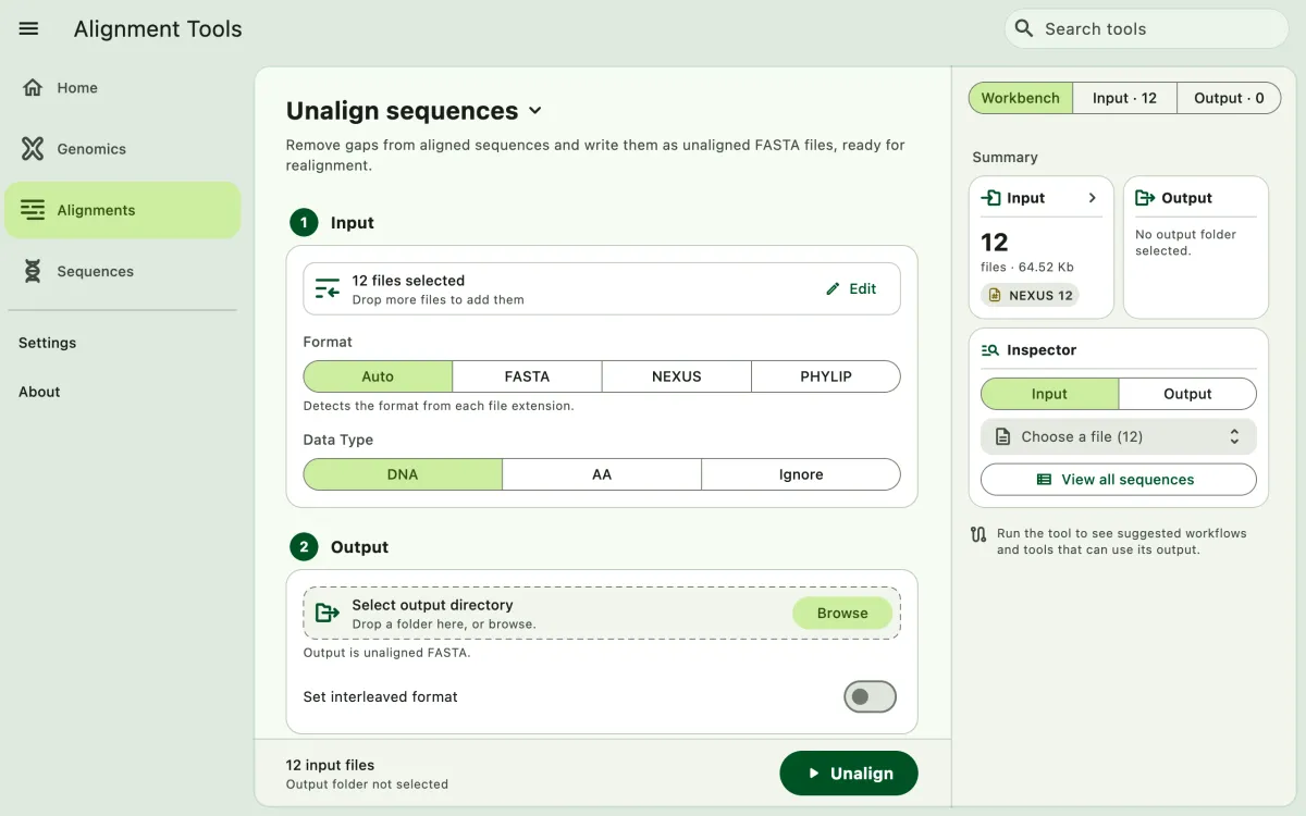 SEGUI Unalign sequences page on a desktop with the tool form and file panel