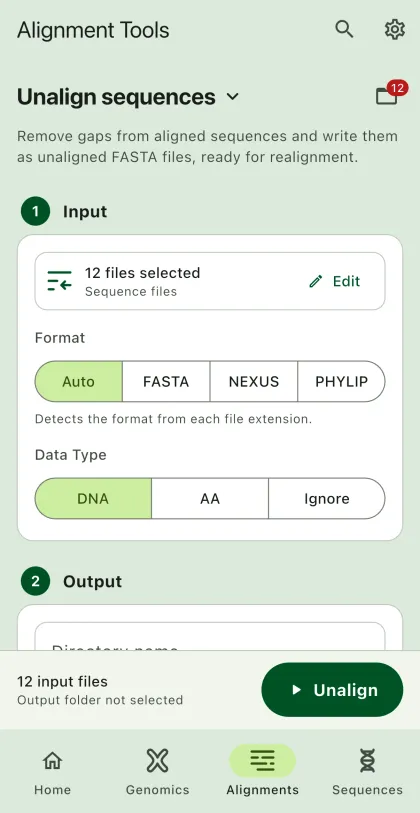 SEGUI Unalign sequences page on a phone with the tool form