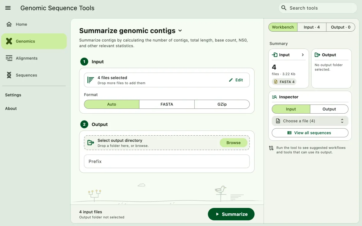 SEGUI Summarize genomic contigs page on a desktop with the tool form and file panel