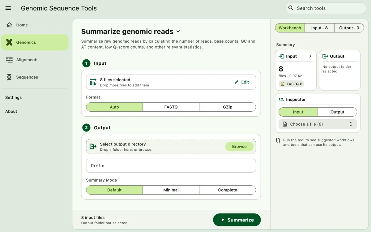 SEGUI Summarize genomic reads page on a desktop with the tool form and file panel