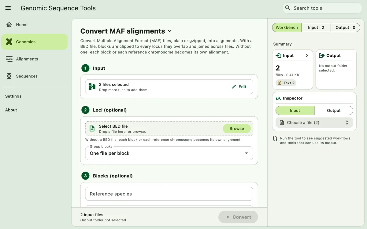 SEGUI Convert MAF alignments page on a desktop with the tool form and file panel