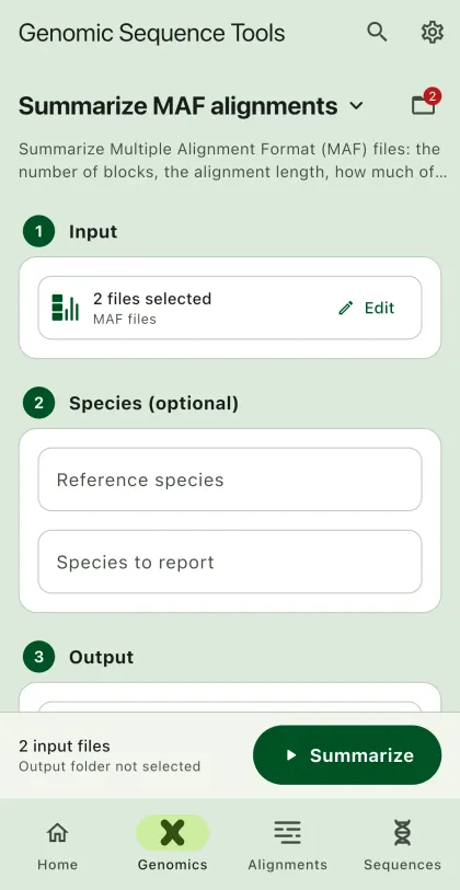 SEGUI Summarize MAF alignments page on a phone with the tool form