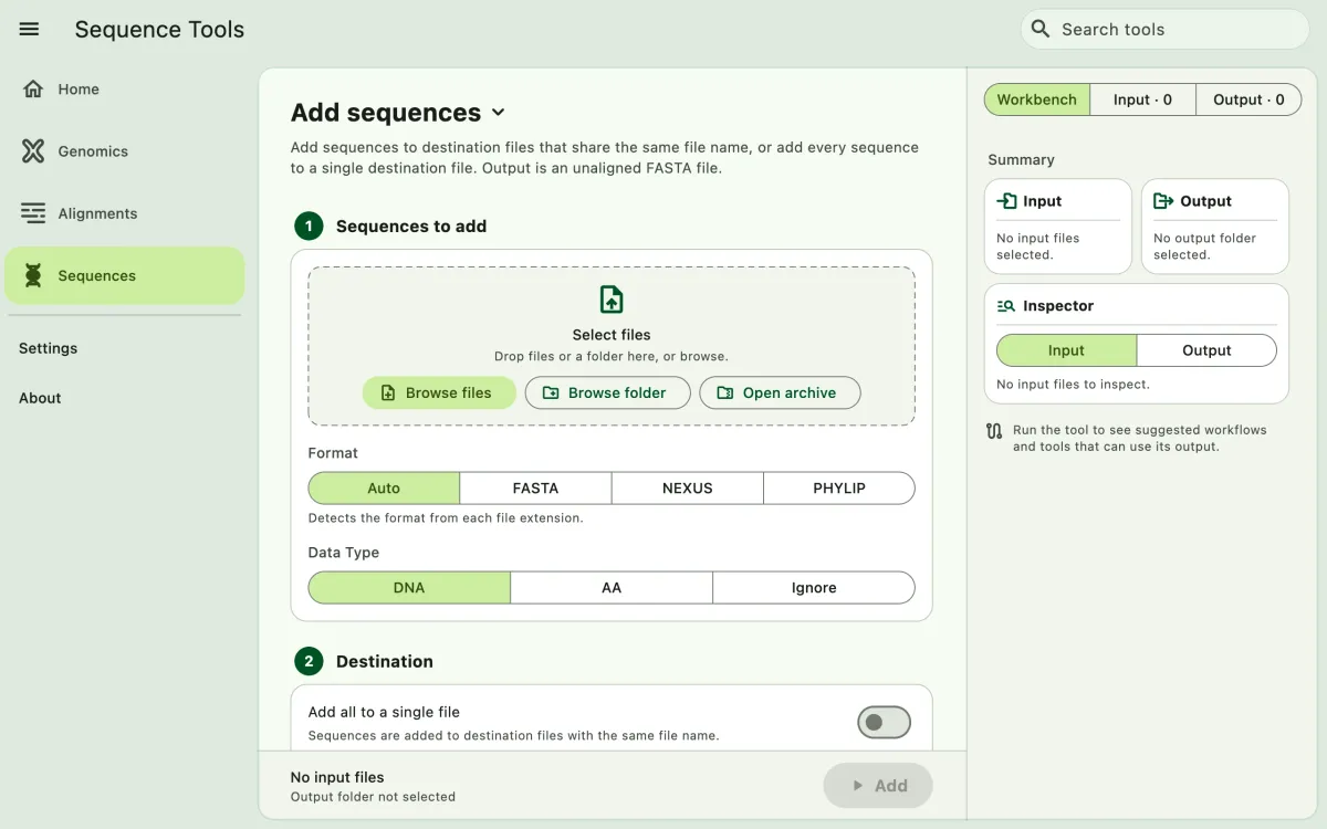 SEGUI Add sequences page on a desktop with the tool form and file panel