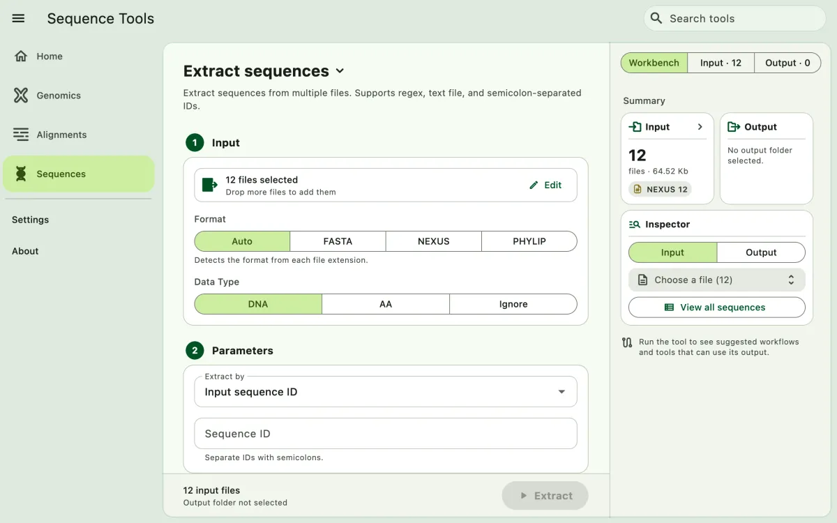 SEGUI Extract sequences page on a desktop with the tool form and file panel