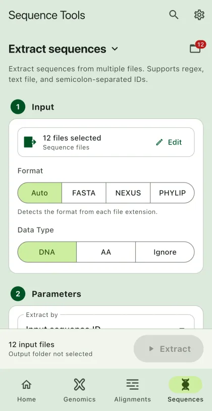 SEGUI Extract sequences page on a phone with the tool form