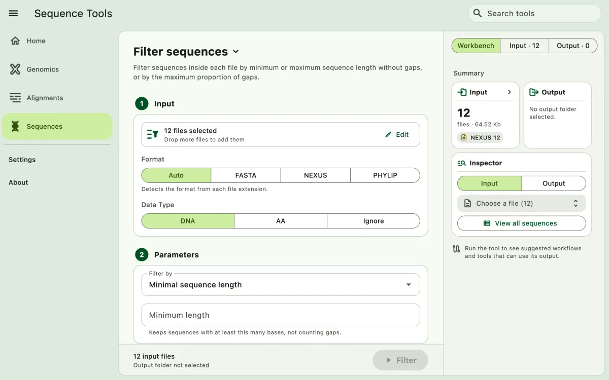 SEGUI Filter sequences page on a desktop with the tool form and file panel