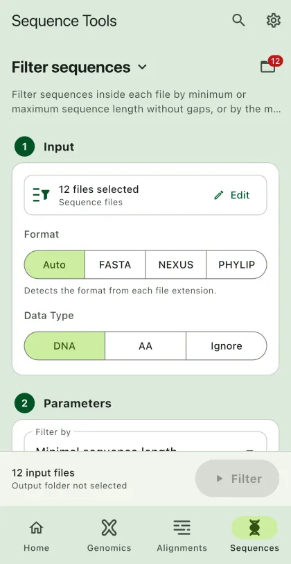 SEGUI Filter sequences page on a phone with the tool form