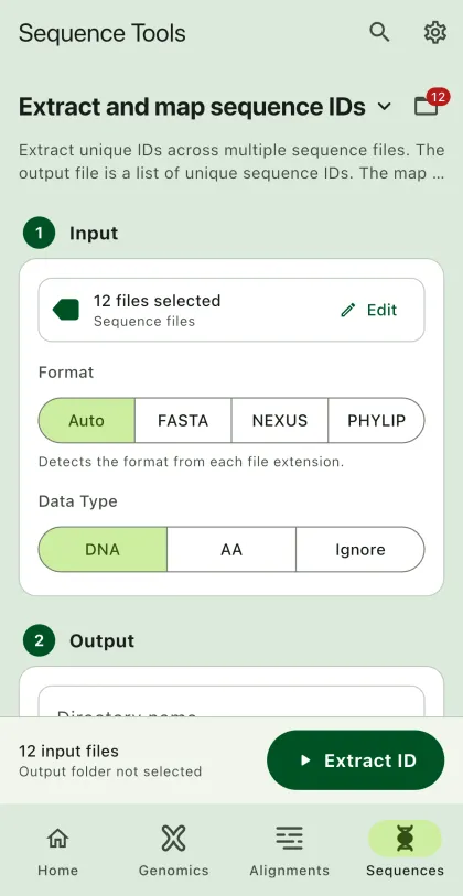 SEGUI Extract and map sequence IDs page on a phone with the tool form