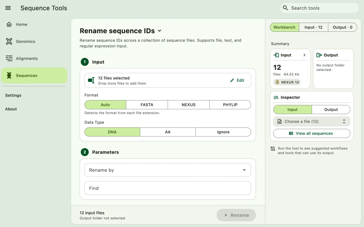 SEGUI Rename sequence IDs page on a desktop with the tool form and file panel