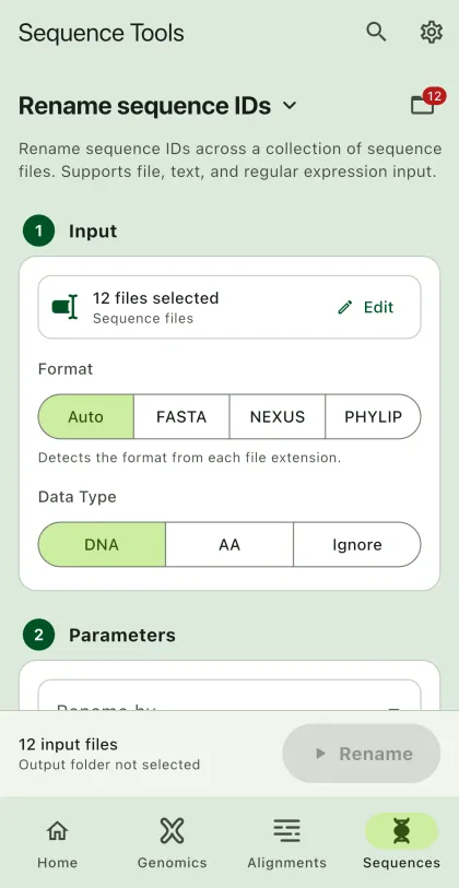 SEGUI Rename sequence IDs page on a phone with the tool form