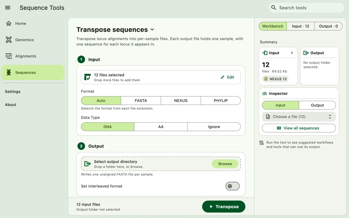 SEGUI Transpose sequences page on a desktop with the tool form and file panel